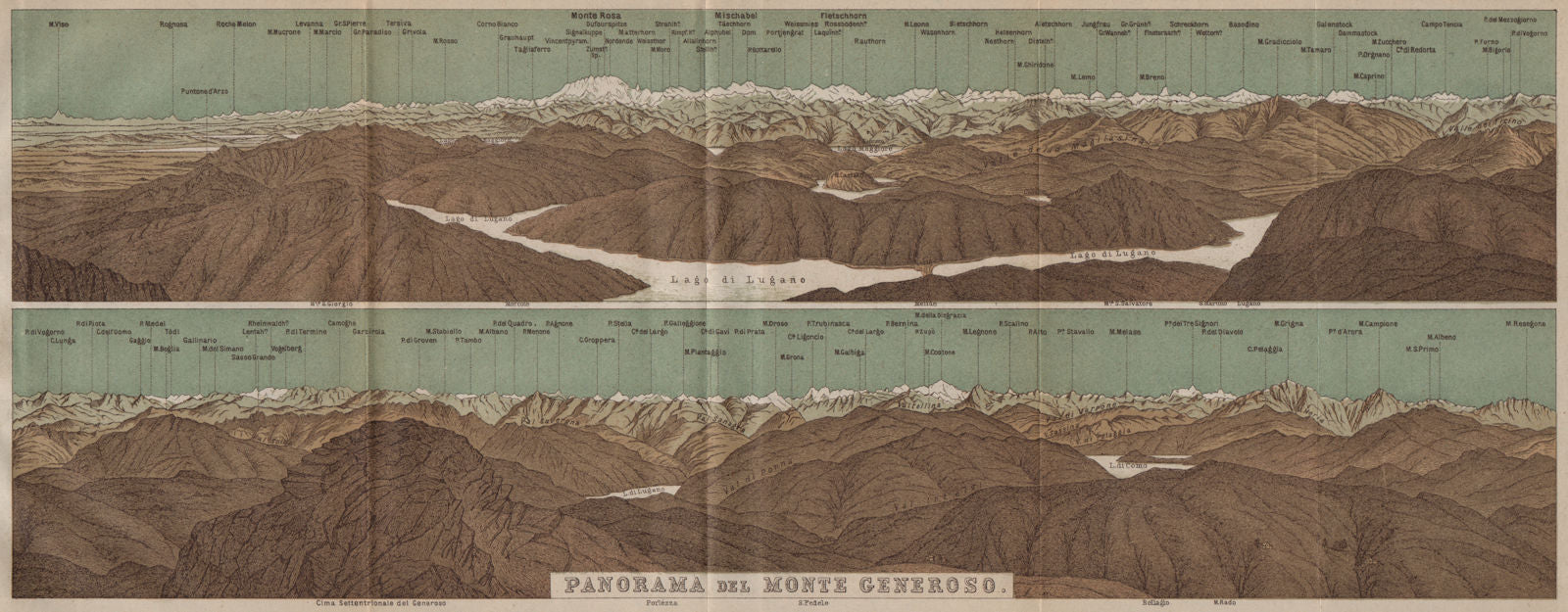 MONTE GENEROSO PANORAMA. Lugano Como Maggiore Rosa Mischabel Disgrazia 1893 map